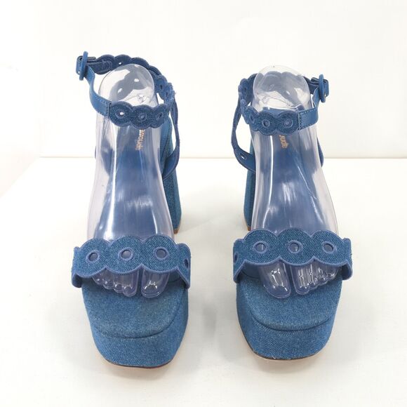 Larroude Women 11 Dolly Broderie Sandal Blue Stoned Denim Platform Ankle Strap - Picture 3 of 11